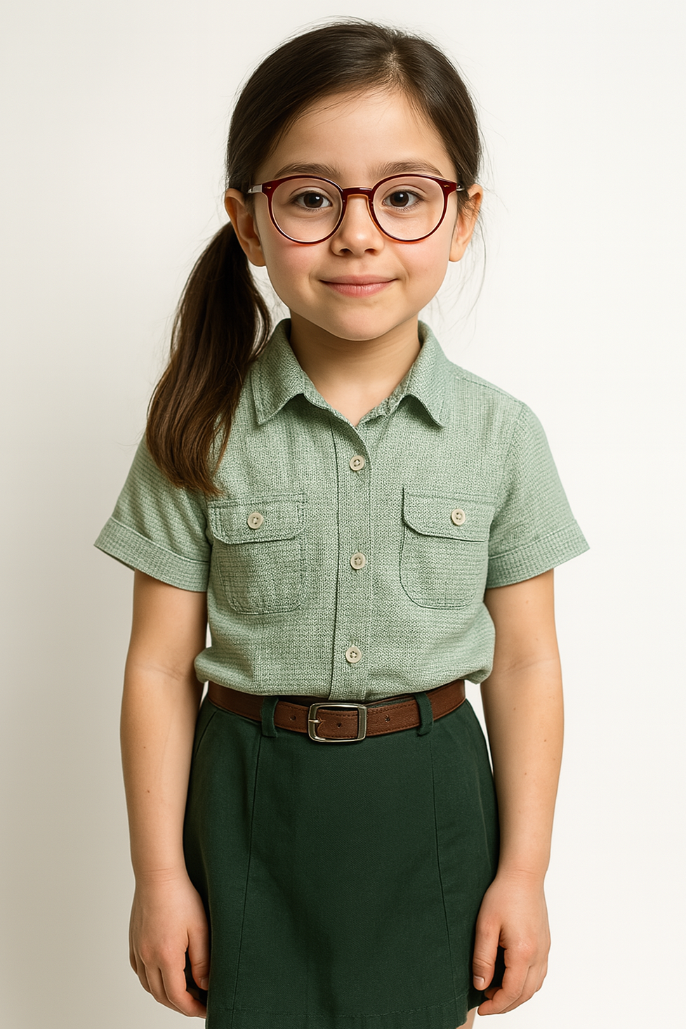 Young girl wearing a green checkered shirt and dark green skirt on a plain background